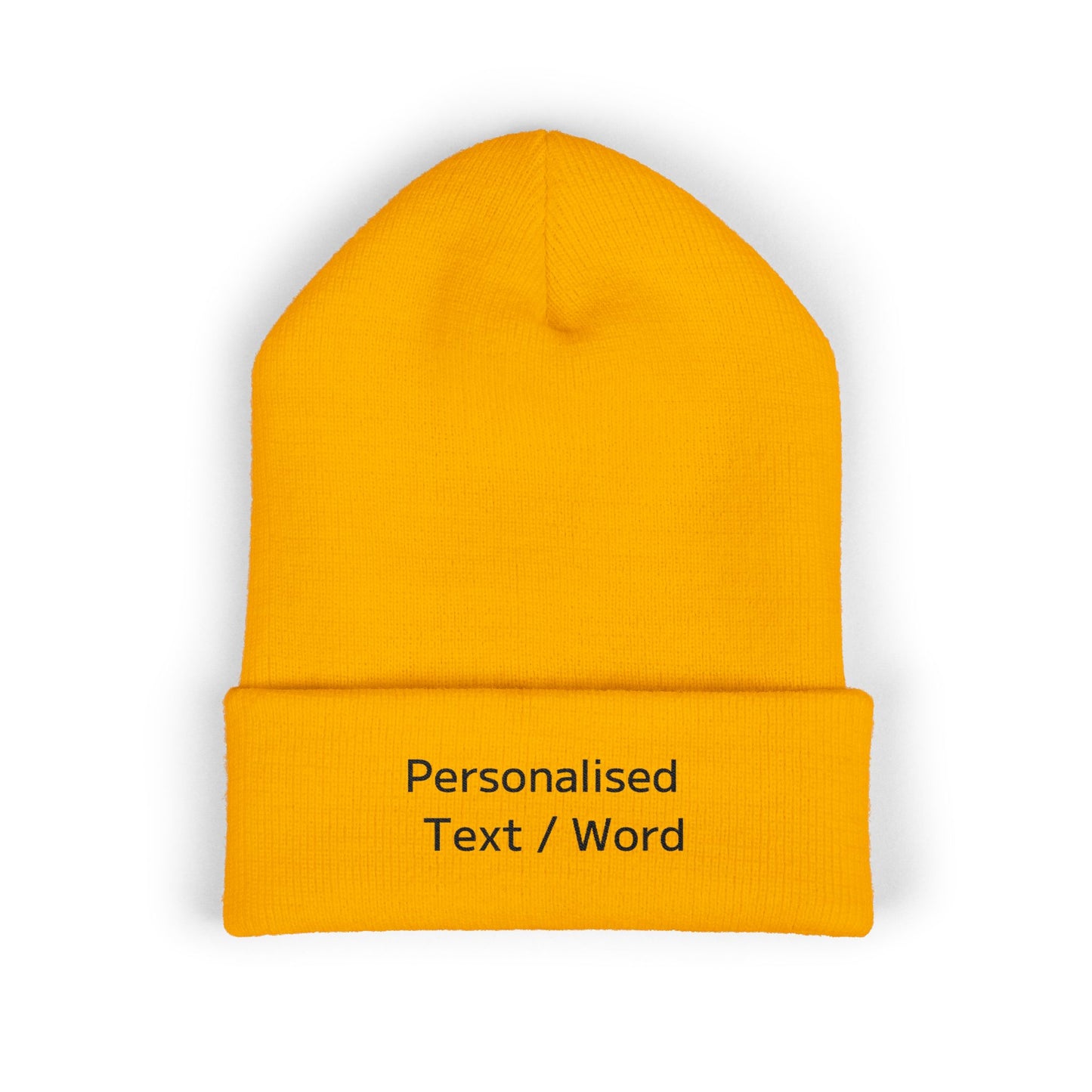 Yellow beanie with "Personalised Text / Word" printed on the cuff.