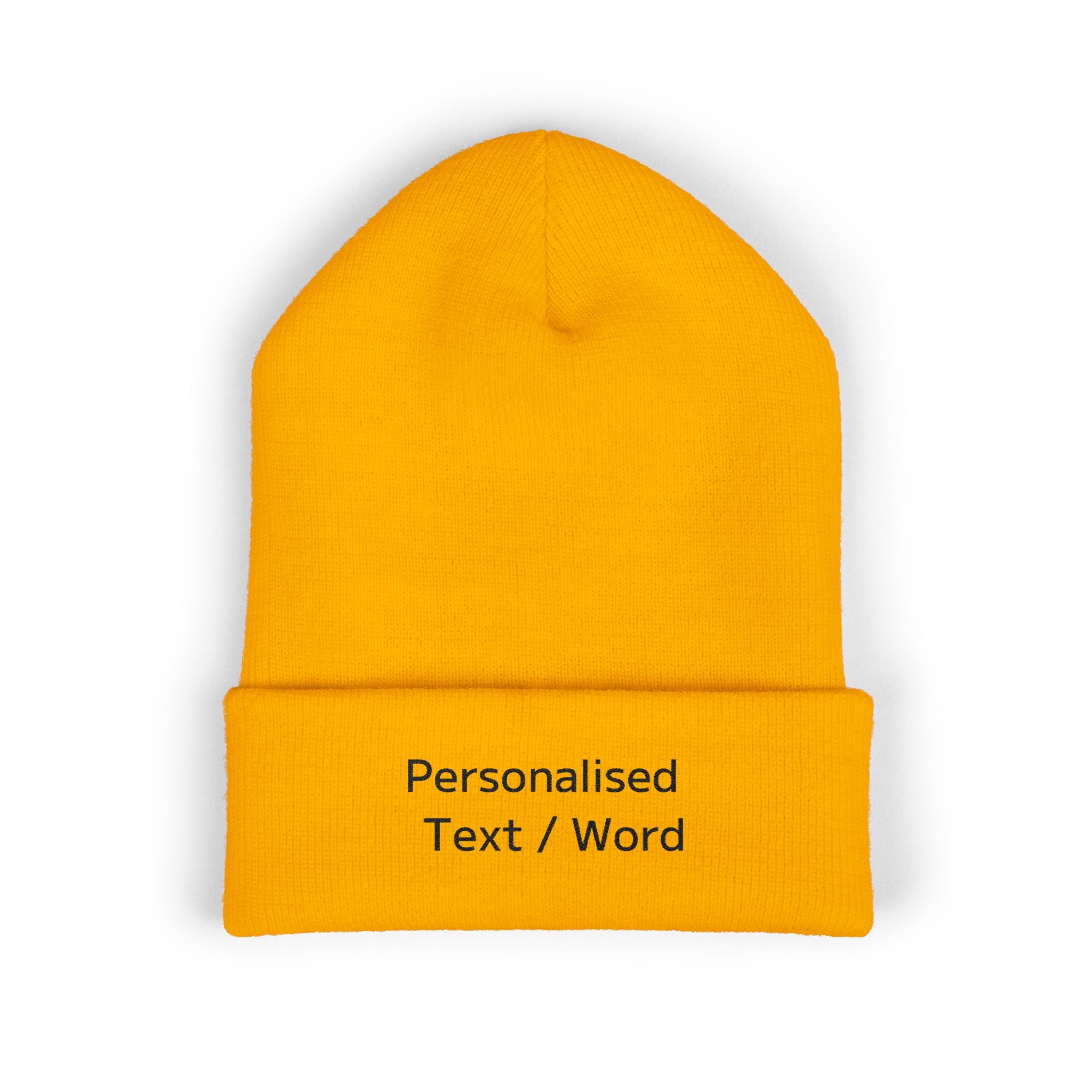Yellow beanie with "Personalised Text / Word" printed on the cuff.