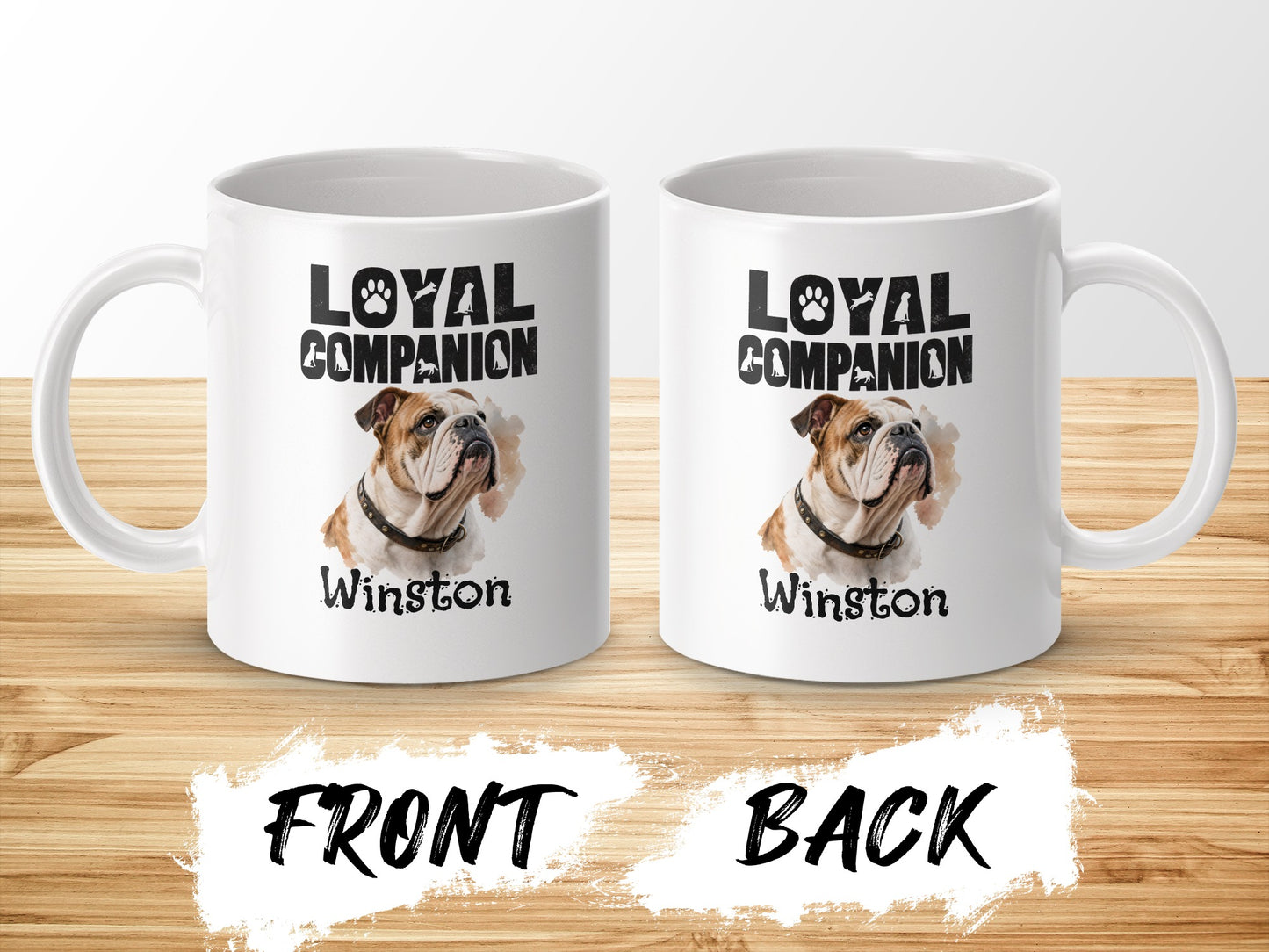 White mugs with bulldog illustration and "Loyal Companion Winston" text.