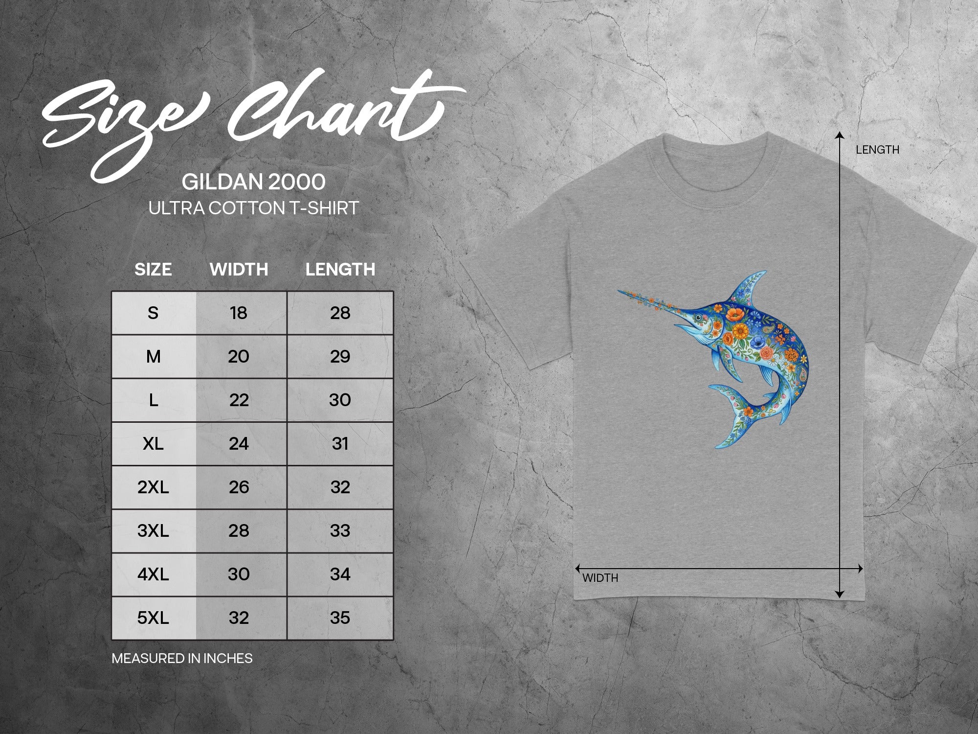 Gildan 2000 Ultra Cotton T-Shirt size chart with floral marlin graphic.