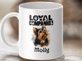 White mug with "LOYAL COMPANION" text and a Yorkshire Terrier portrait named Molly.