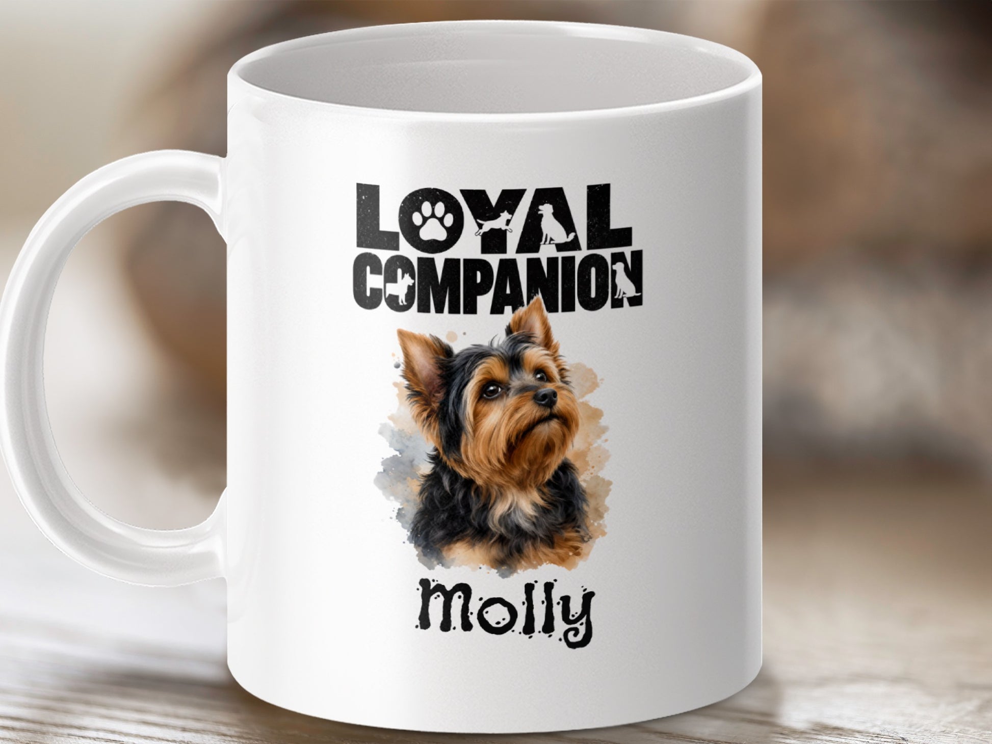 White mug with "LOYAL COMPANION" text and a Yorkshire Terrier portrait named Molly.