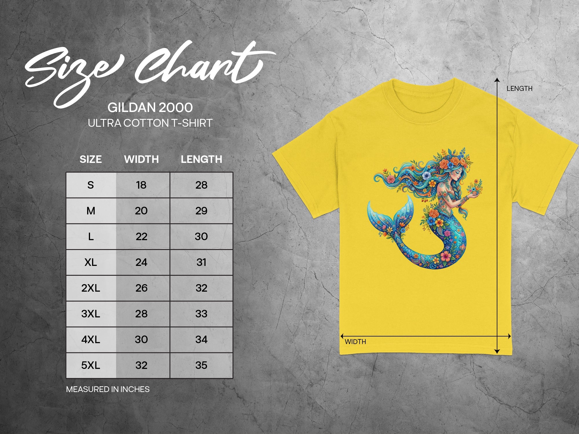 Gildan 2000 size chart for ultra cotton t-shirts showing measurements in inches.