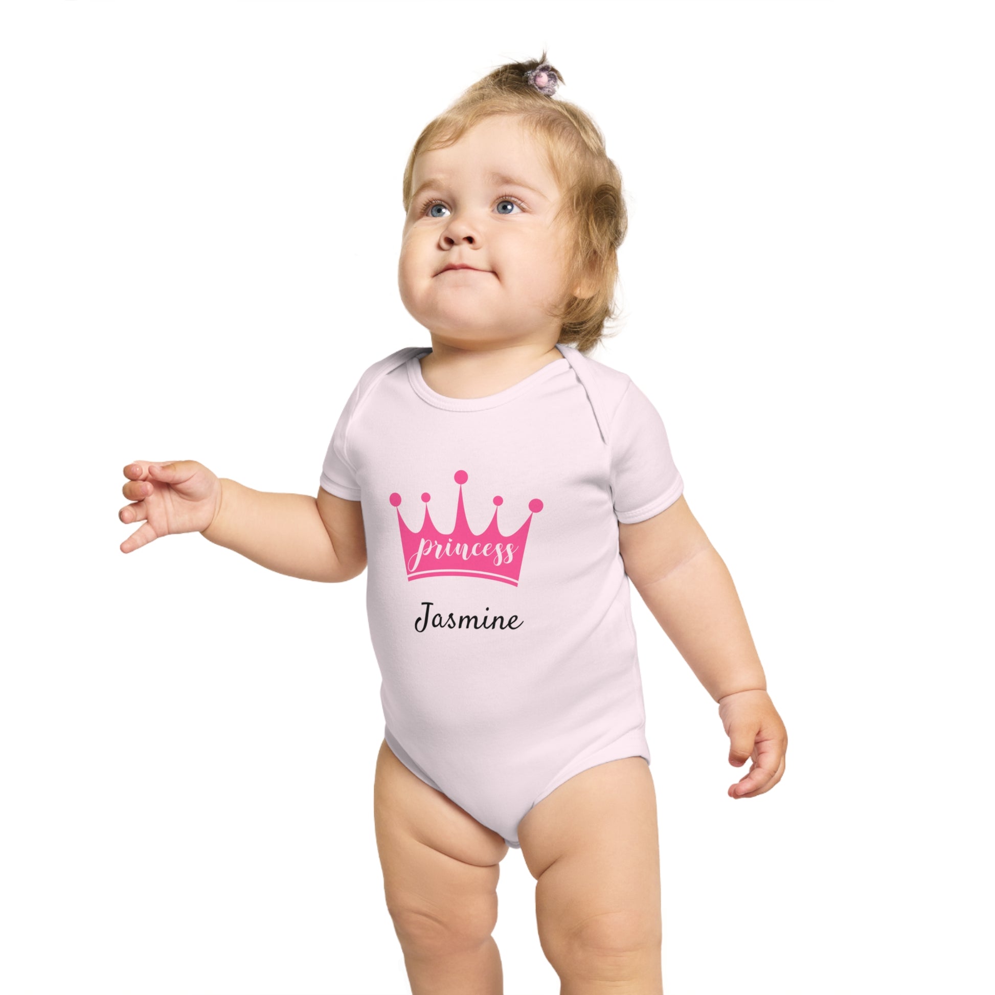 Baby girl's pink bodysuit with "princess Jasmine" crown graphic.