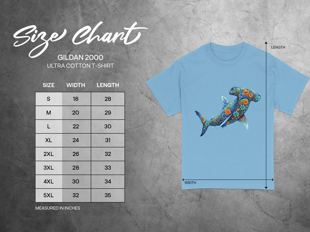 Gildan 2000 Ultra Cotton T-Shirt size chart in inches with measurements.