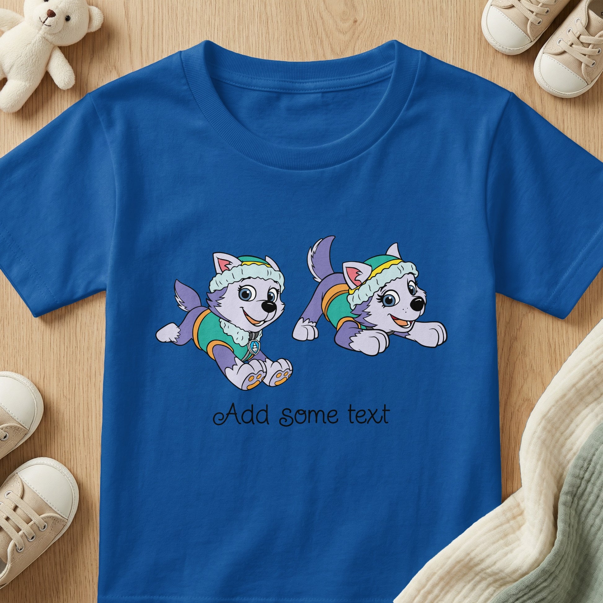 Blue t-shirt with animated dogs and "Add some text" graphic.