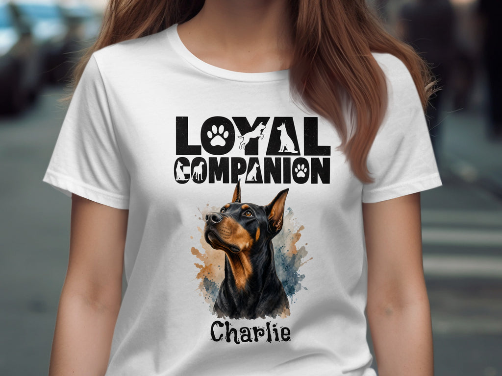 White t-shirt with a Doberman Pinscher portrait and "Loyal Companion Charlie" text.