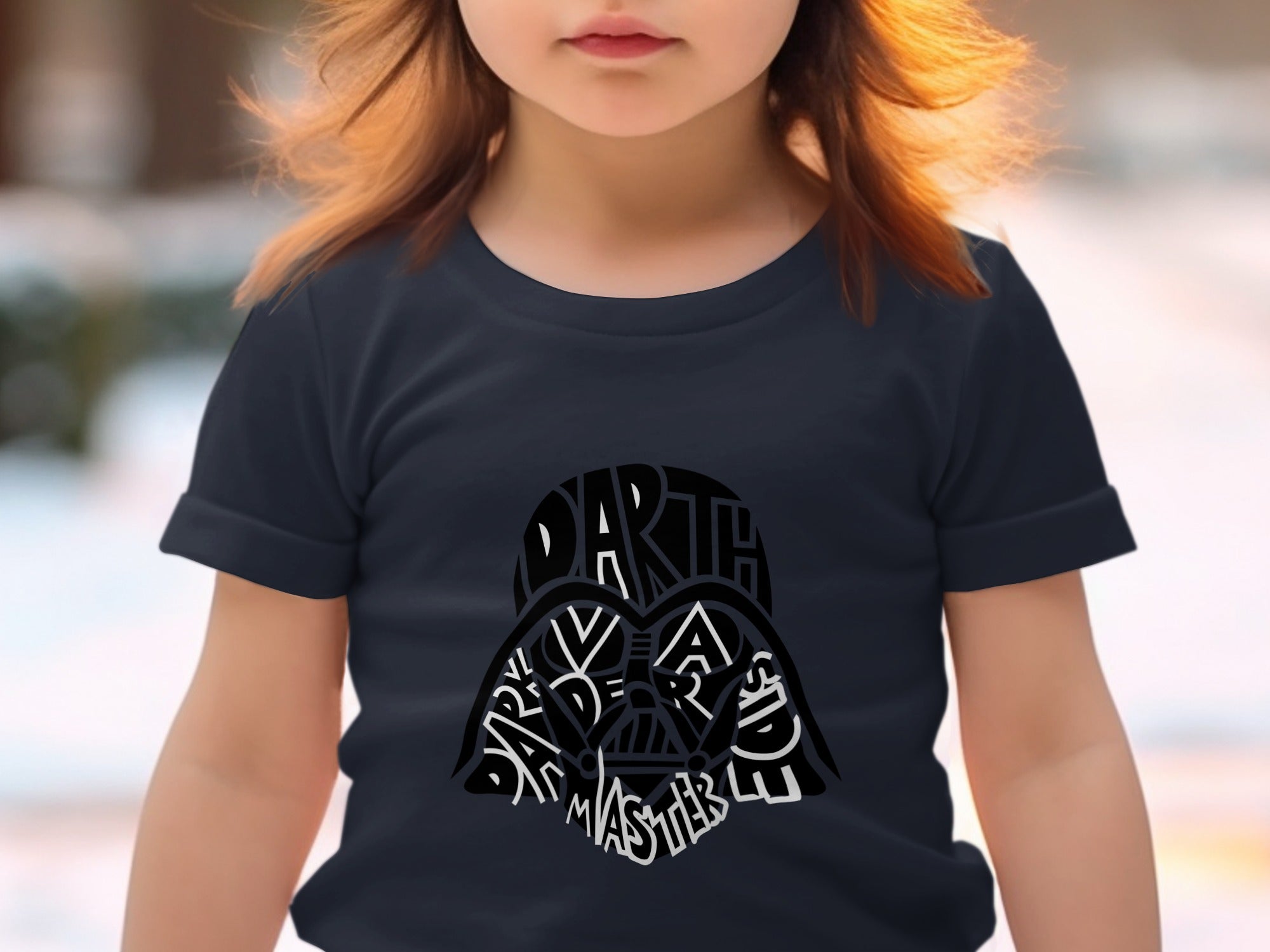 Children's dark t-shirt with Darth Vader mask made of text.