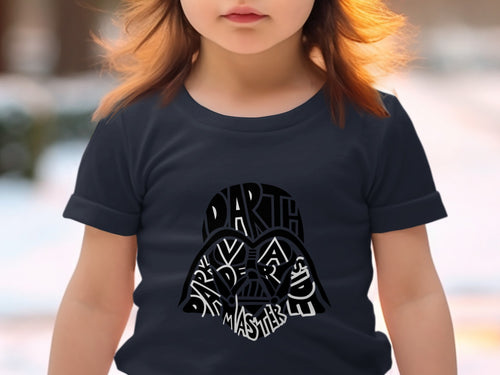 Children's dark t-shirt with Darth Vader mask made of text.