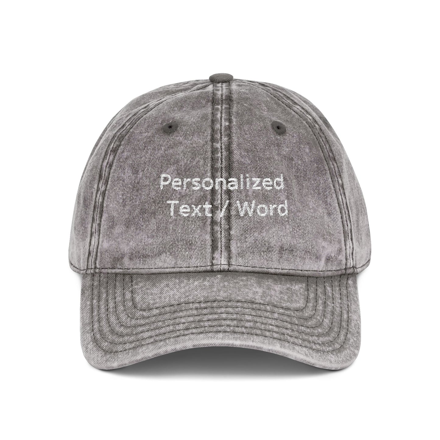 Gray washed baseball cap with white embroidered text: "Personalized Text / Word".