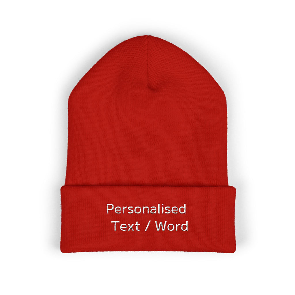 Red knit beanie with white text "Personalised Text / Word" on the cuff.