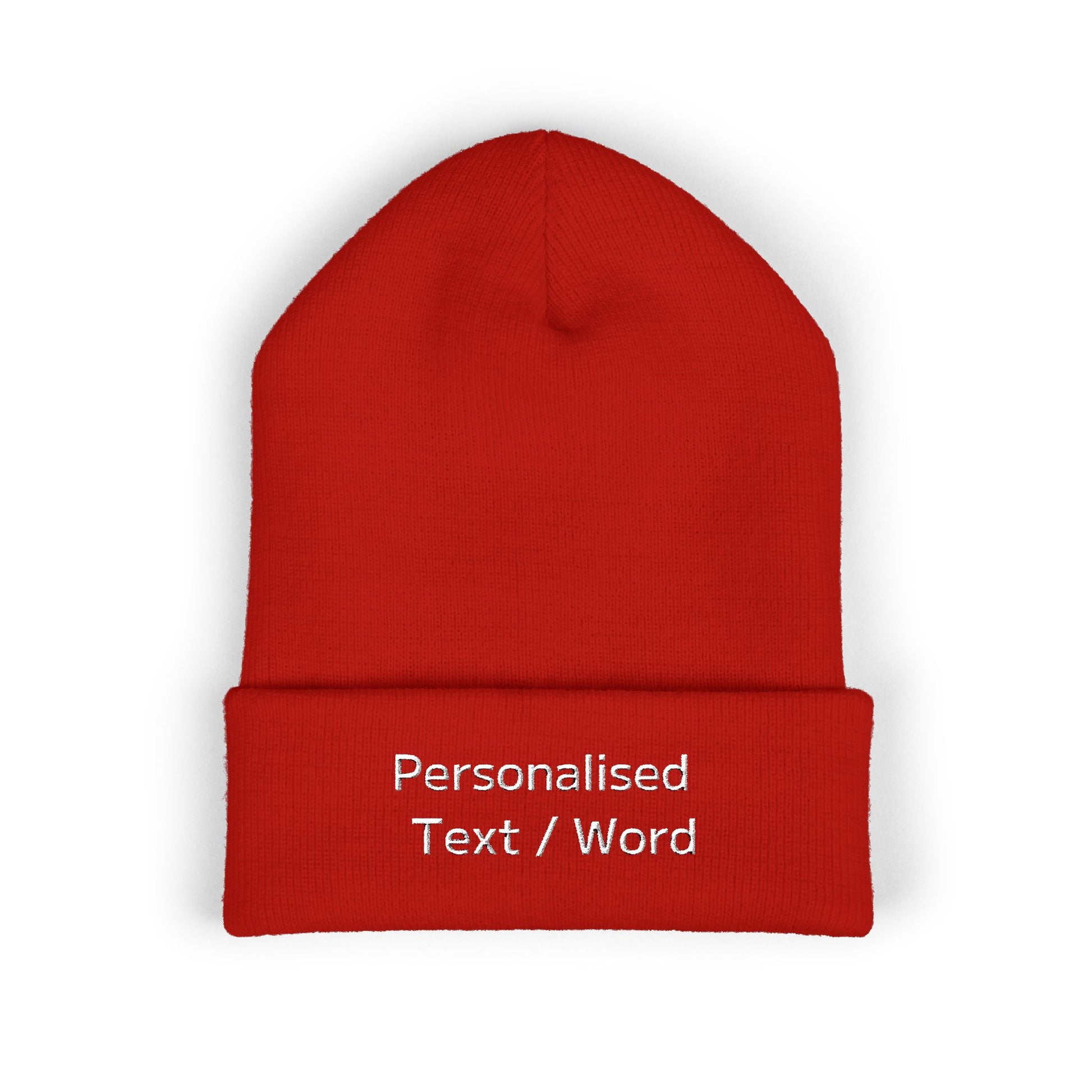 Red knit beanie with white text "Personalised Text / Word" on the cuff.