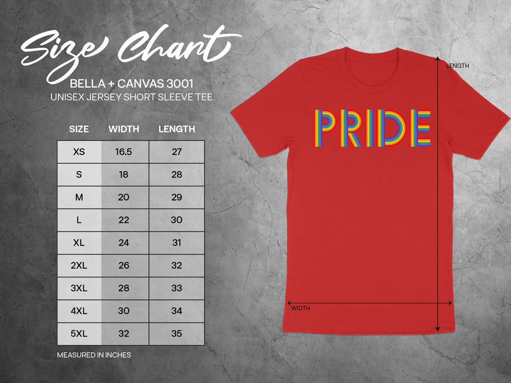 BELLA + CANVAS 3001 unisex tee size chart with width and length measurements in inches.