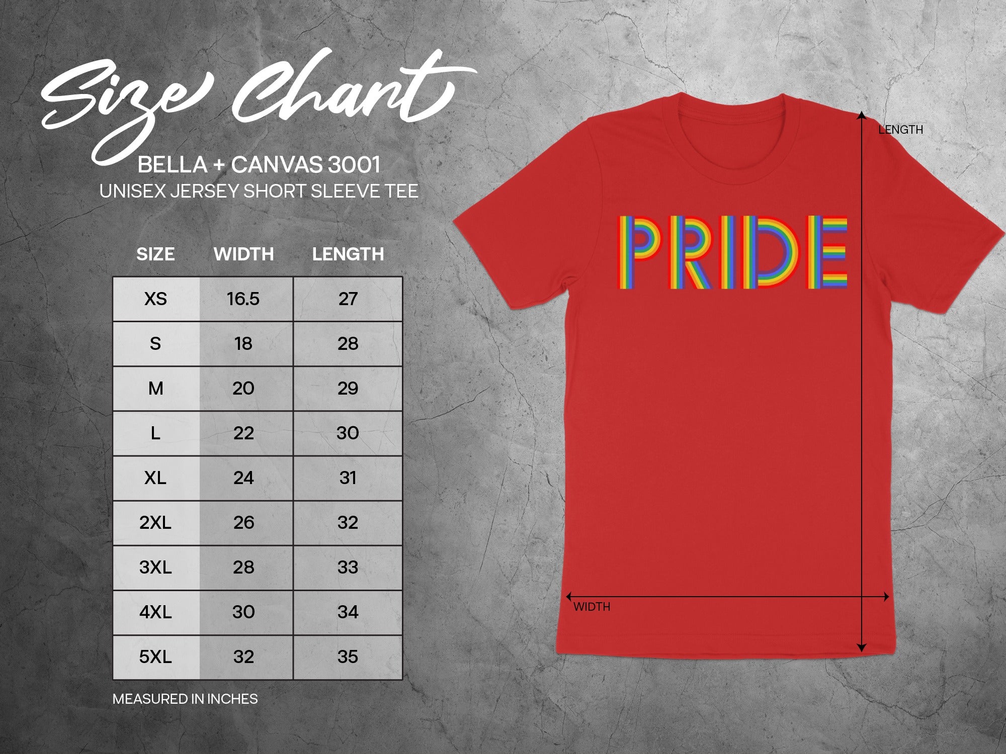 BELLA + CANVAS 3001 unisex tee size chart with width and length measurements in inches.