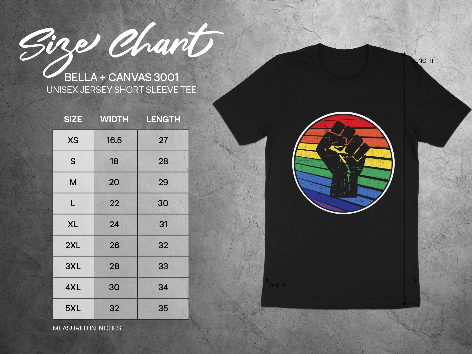 Black unisex jersey t-shirt with rainbow circle fist graphic and size chart displayed.