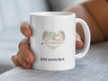 White mug with text art forming a badger, "Add some text" below.