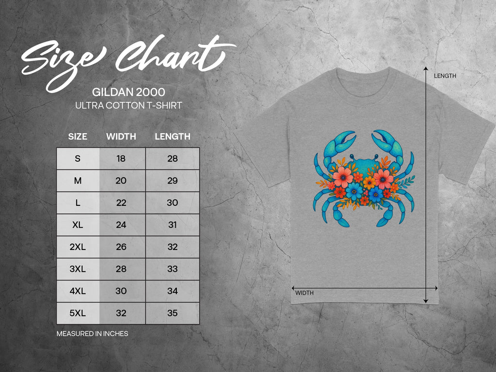 Gildan 2000 Ultra Cotton t-shirt size chart with blue crab floral graphic.