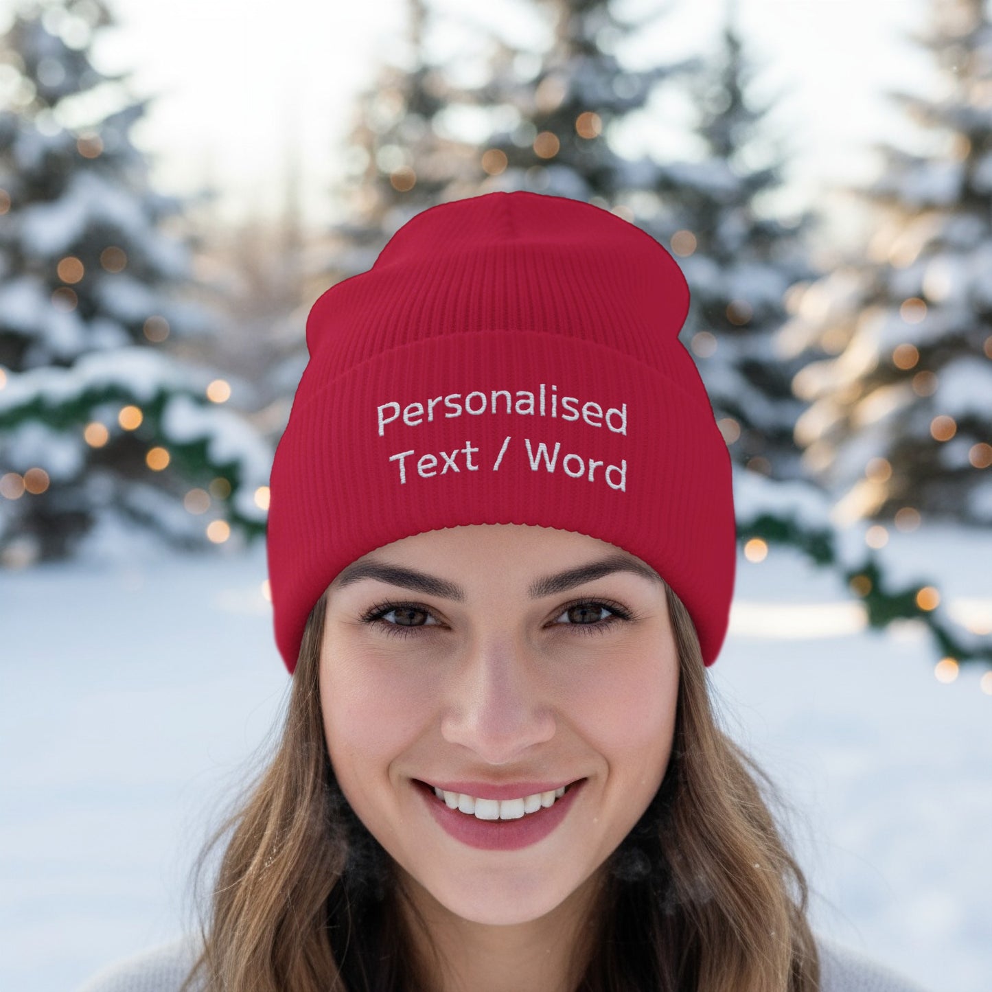 Red beanie with embroidered text "Personalised Text / Word" on an outdoor winter background.