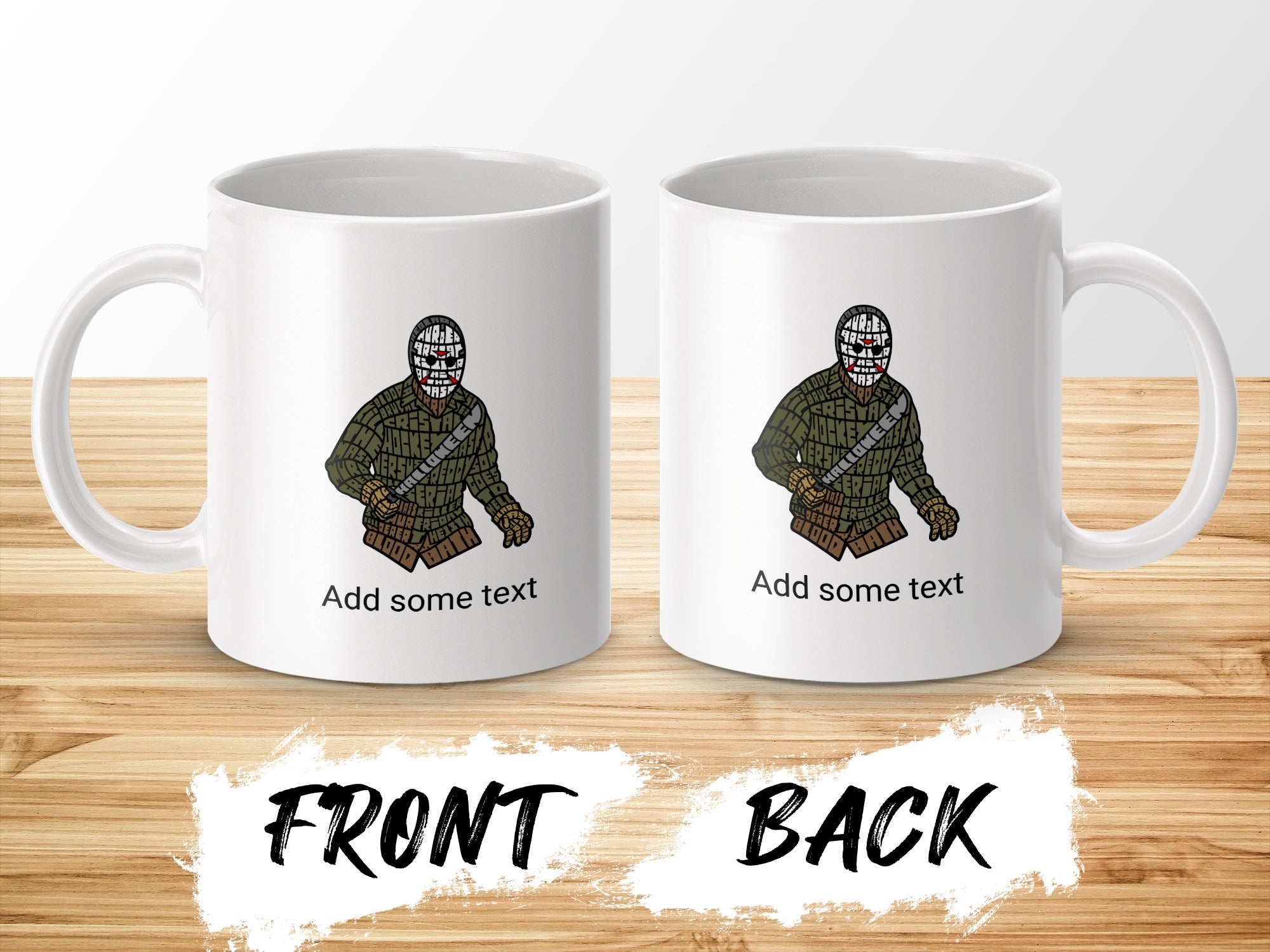 Two white mugs, one labeled "FRONT" and the other "BACK", with cartoon characters and "Add some text".
