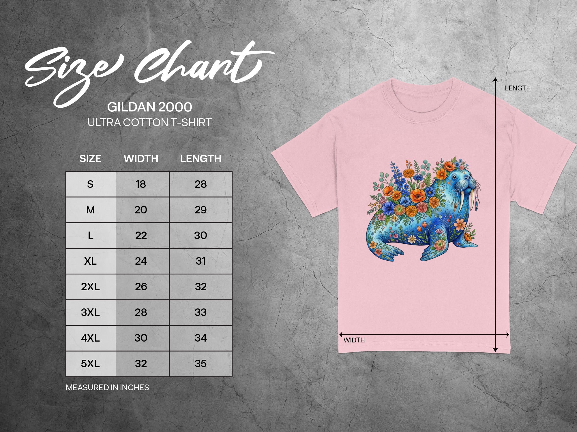 Gildan 2000 Ultra Cotton T-Shirt size chart with measurements in inches.