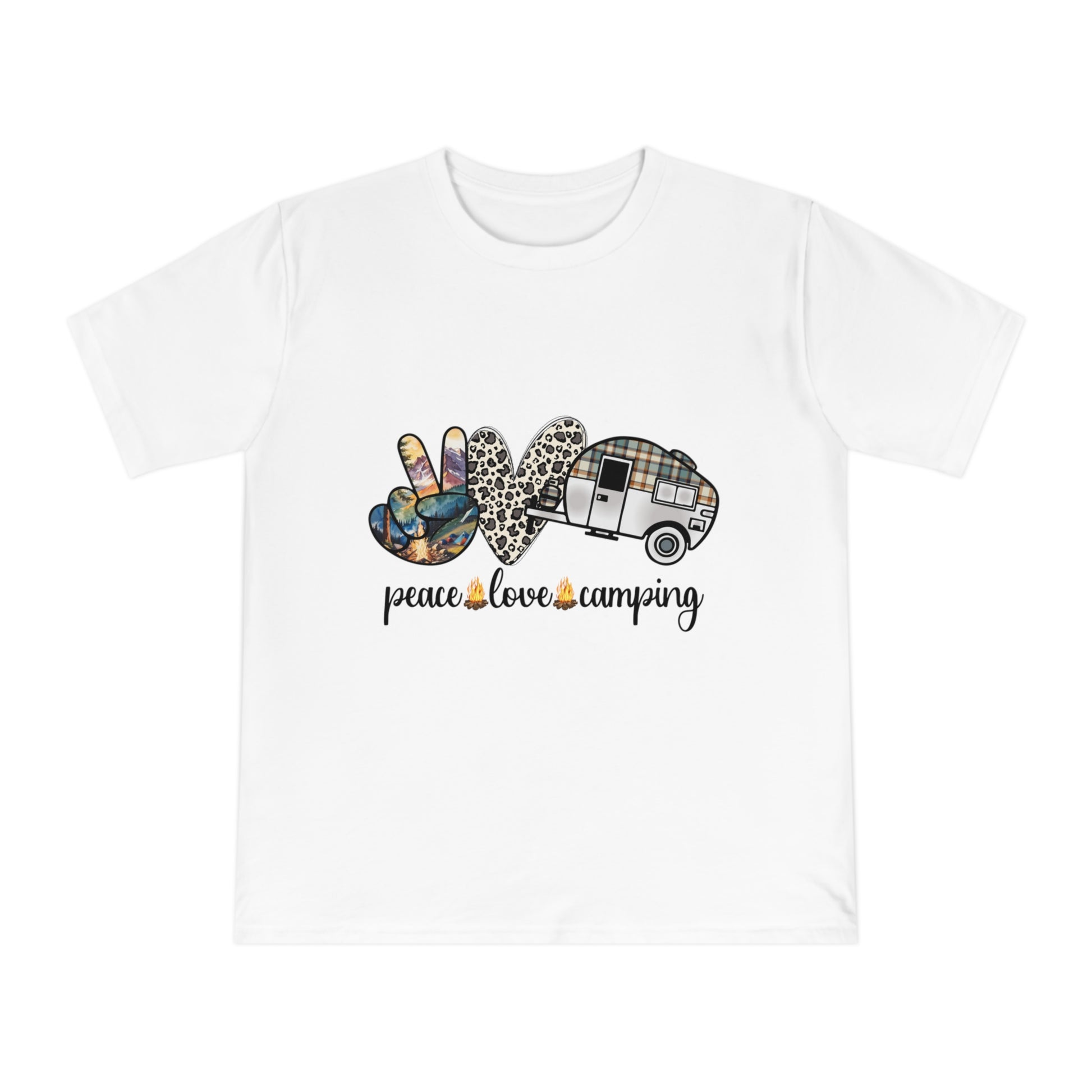 Peace, love, camping graphic with a peace sign, heart, and camper.