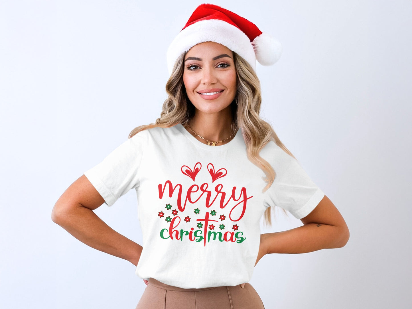 Merry Christmas Shirt with Hearts and Stars Design