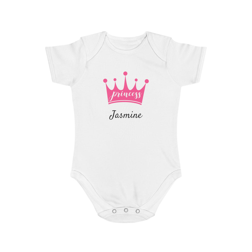 White baby onesie with pink crown and "Princess Jasmine" text.