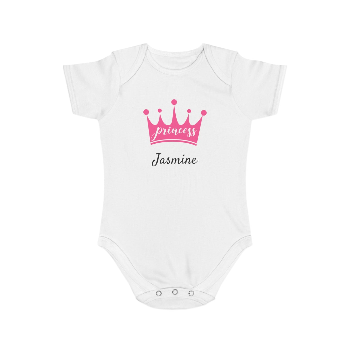 White baby onesie with pink crown and "Princess Jasmine" text.