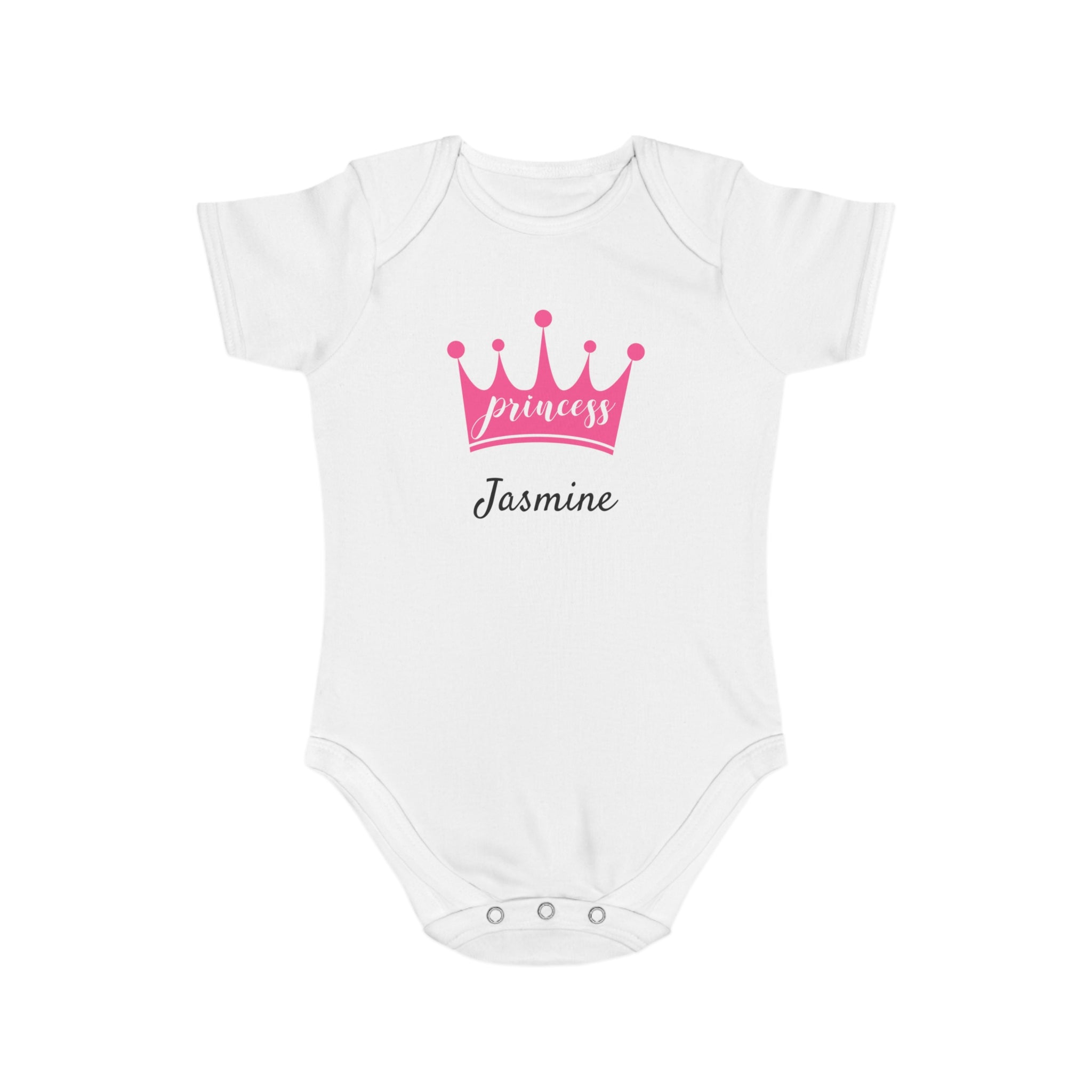 White baby onesie with pink crown and "Princess Jasmine" text.