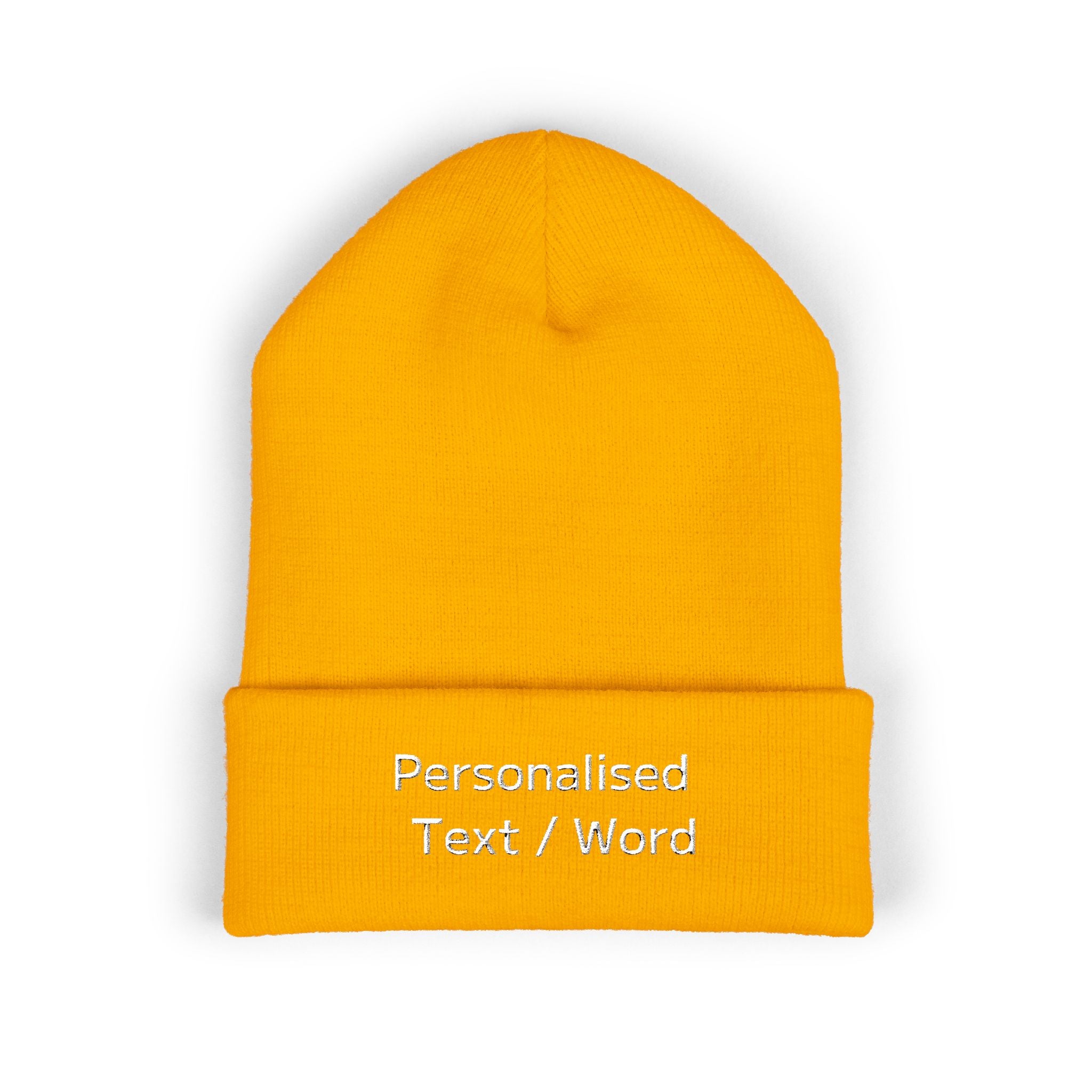 Yellow knitted beanie with "Personalised Text / Word" embroidery on the front.