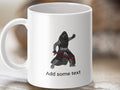 White mug with a dark warrior figure holding a red lightsaber and "Add some text".