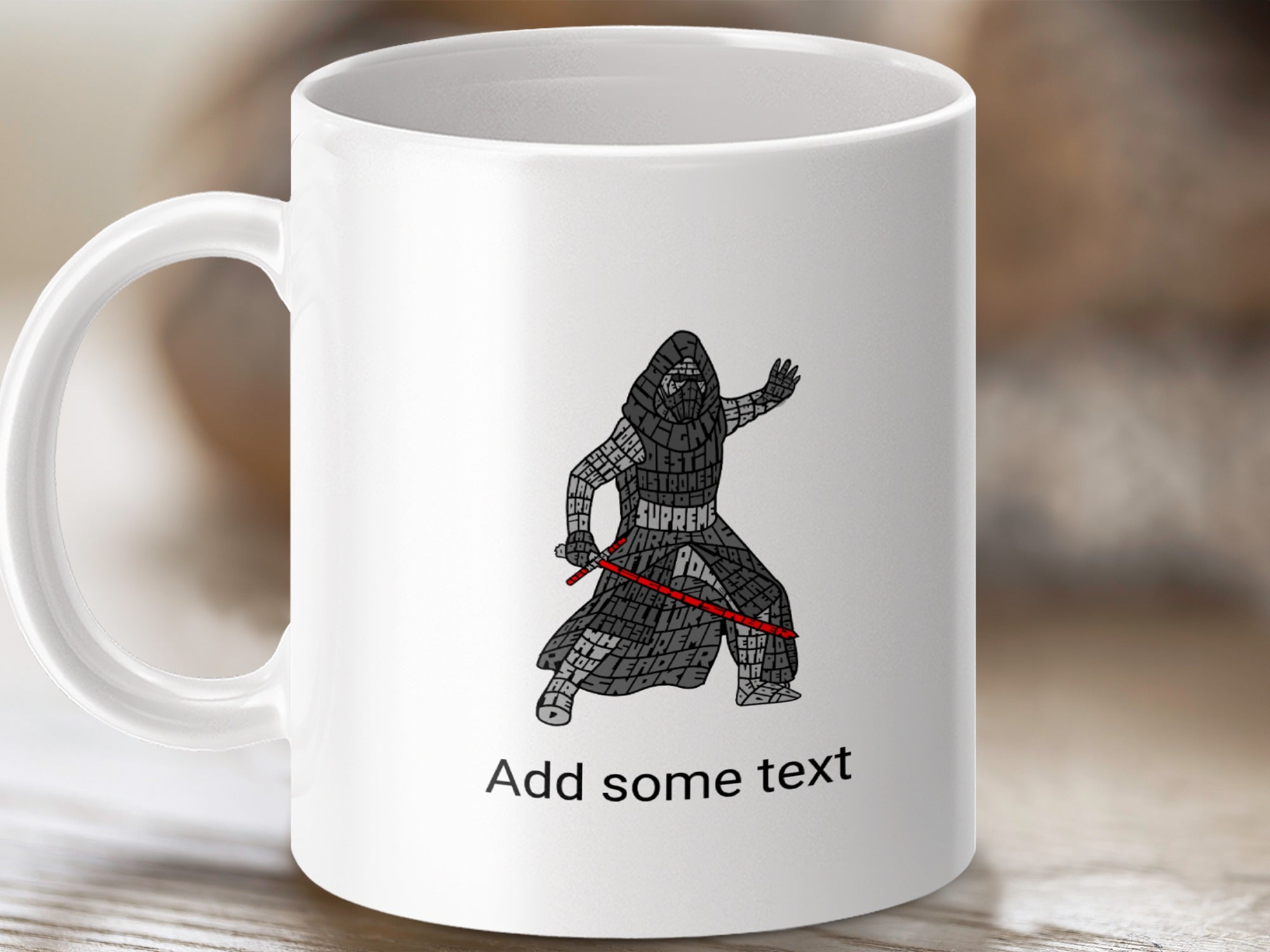 White mug with a dark warrior figure holding a red lightsaber and "Add some text".