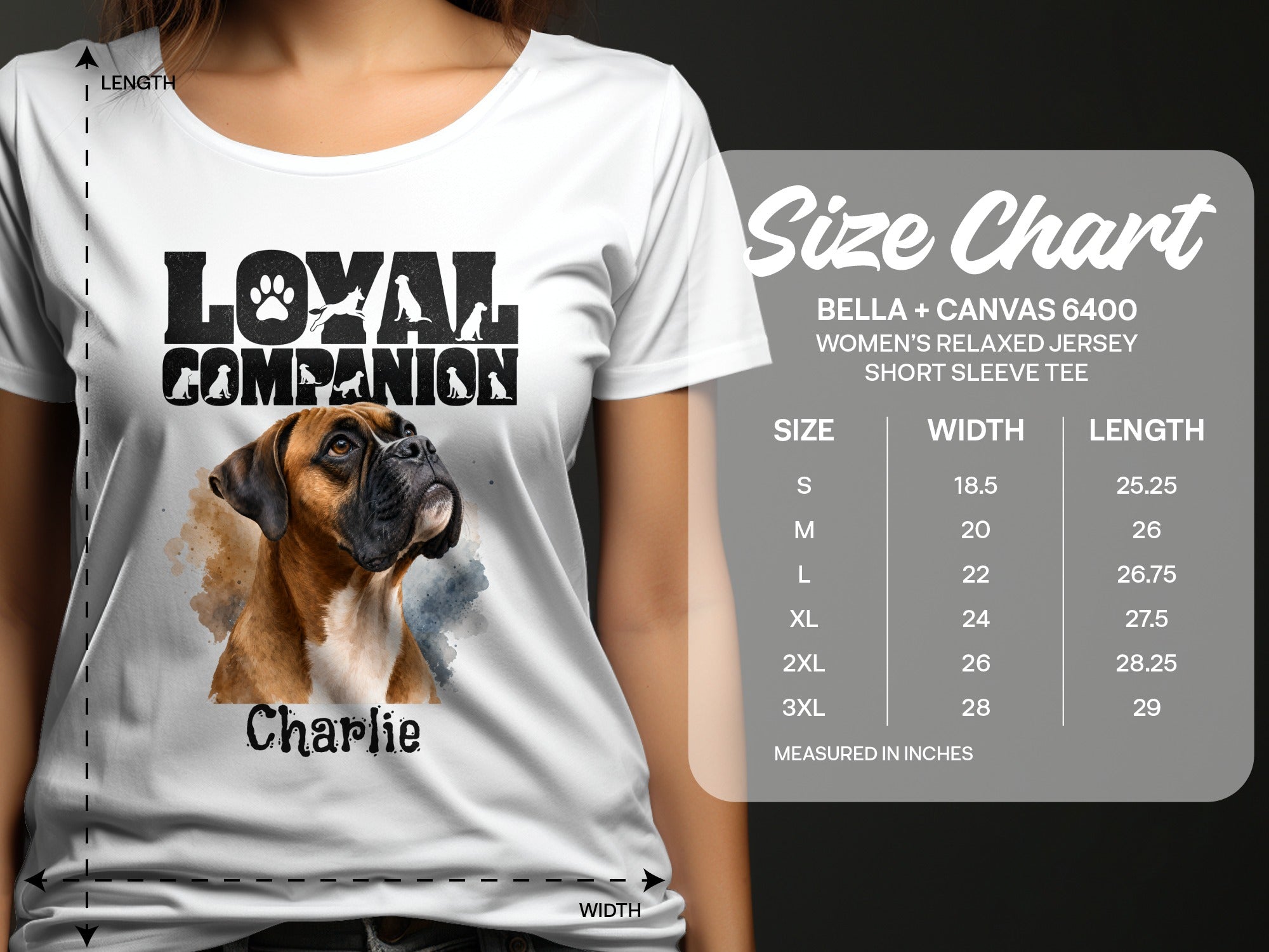 Women's Bella + Canvas 6400 shirt with boxer dog graphic and size chart.