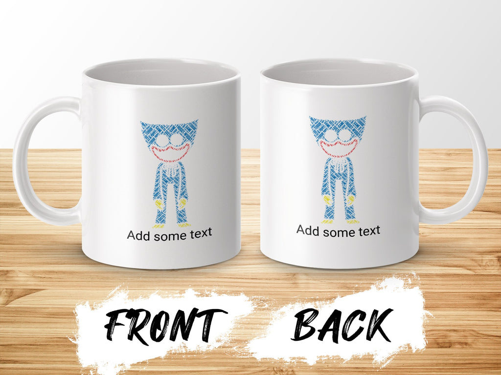 Mug with Huggy Wuggy character on front and back, "Add some text" below.