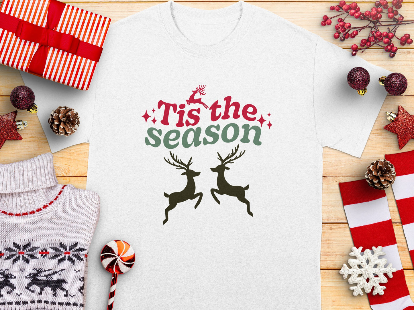 Festive Tis the Season Reindeer Design T-Shirt