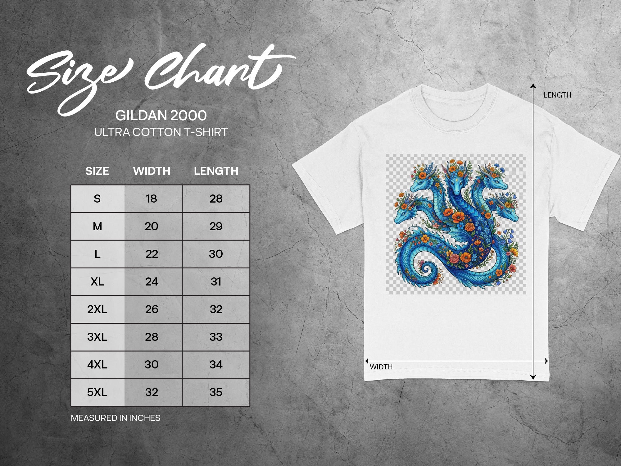 Gildan 2000 Ultra Cotton t-shirt size chart with blue dragon graphic.