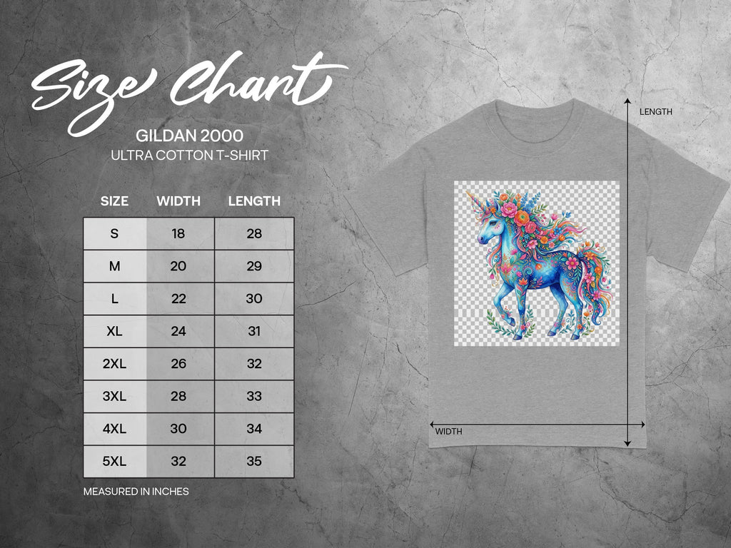 Gildan 2000 Ultra Cotton T-shirt size chart with unicorn graphic.