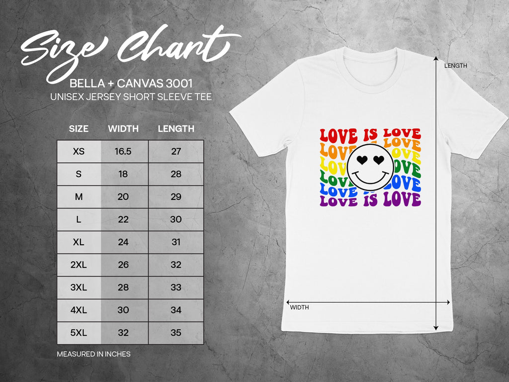 Size chart for Bella + Canvas 3001 unisex jersey short sleeve tee measuring width and length.