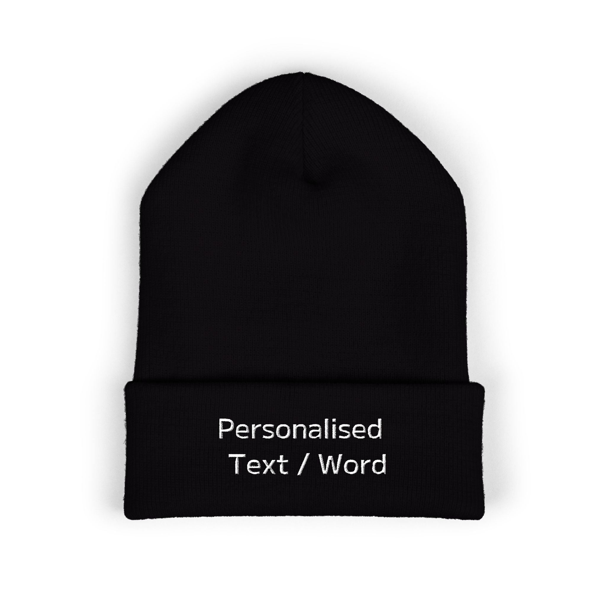 Black beanie with white text "Personalised Text / Word" on the cuff.
