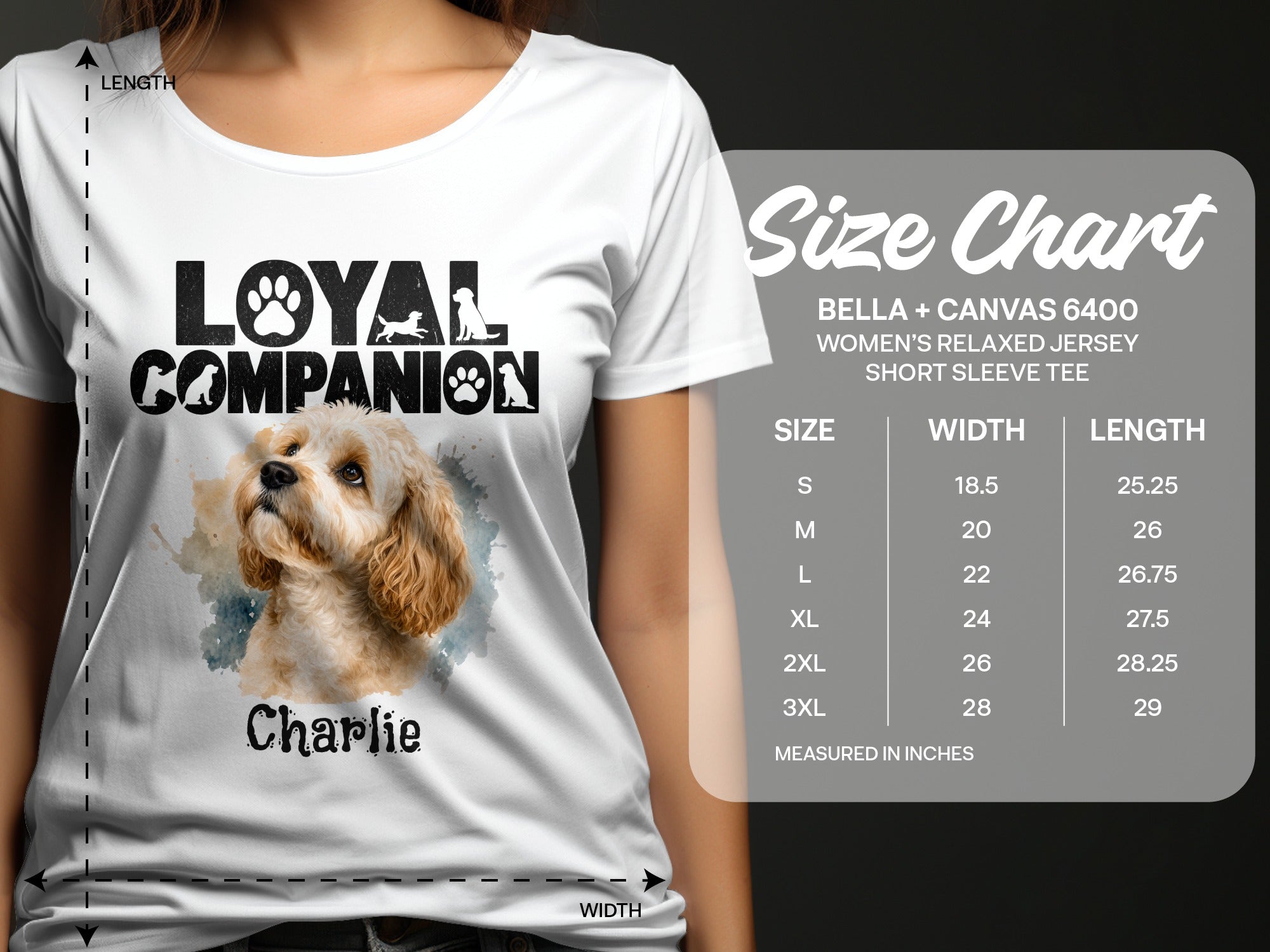 White t-shirt with dog graphic and size chart for Bella+Canvas 6400 tee.