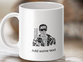 White mug with an outline of a person created from text, "Add some text" below.