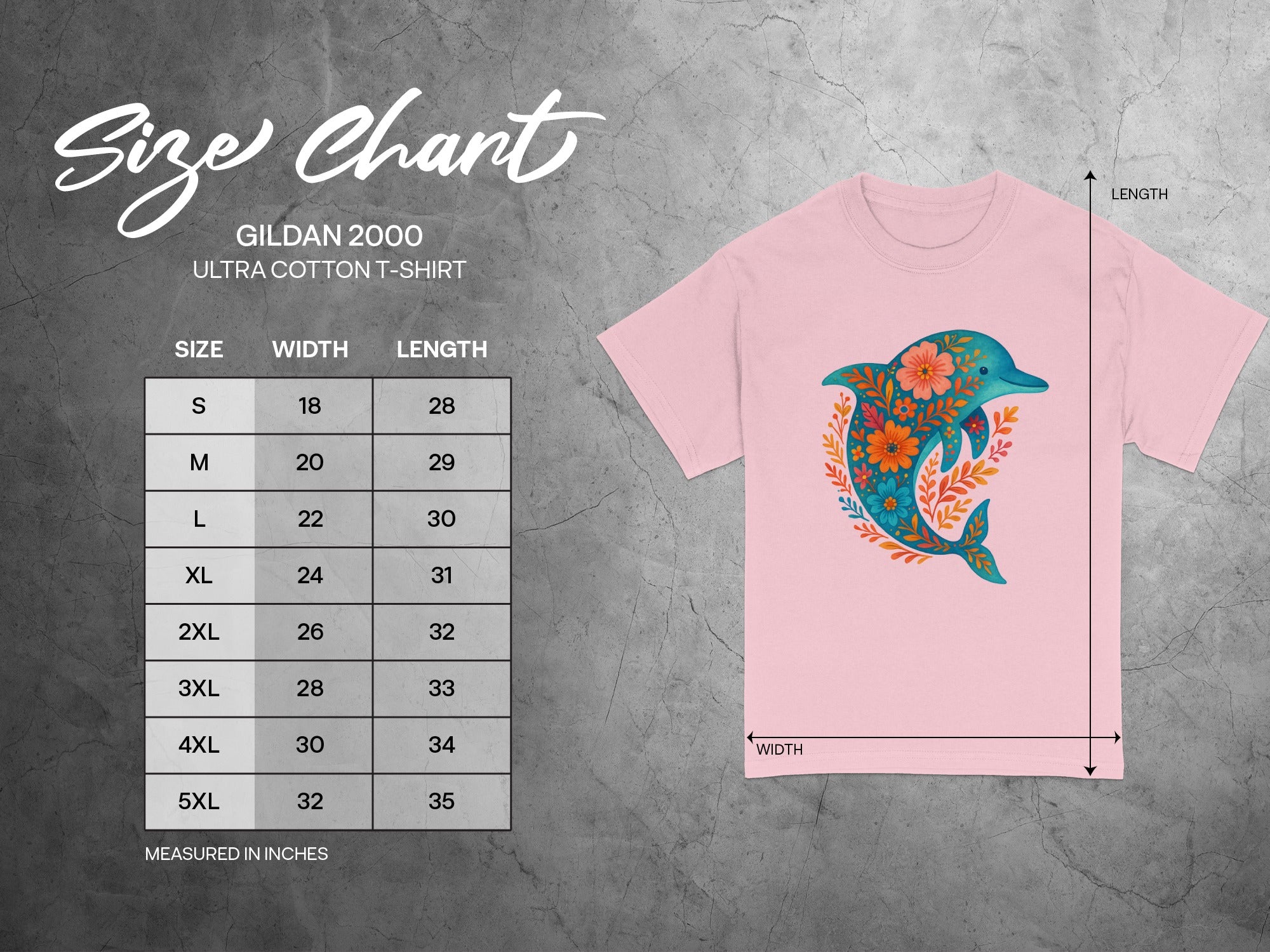 Size chart for Gildan 2000 Ultra Cotton t-shirt with floral dolphin graphic.