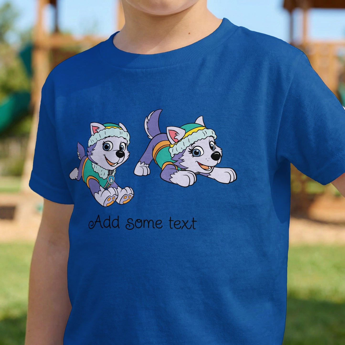 Blue t-shirt with cartoon huskies and "Add some text".