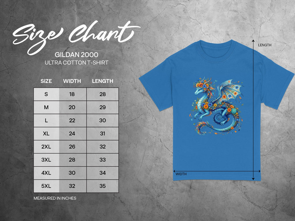 Gildan 2000 Ultra Cotton T-shirt size chart with measurements in inches.