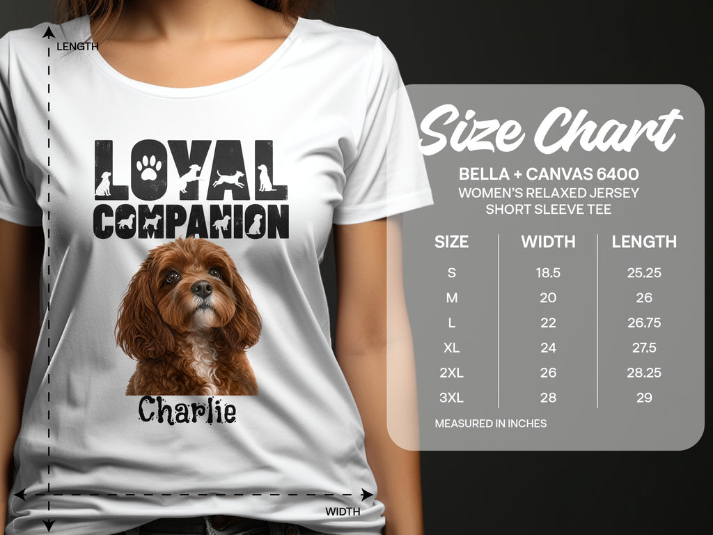 White t-shirt with "Loyal Companion" graphic and dog image. Includes a size chart overlay.