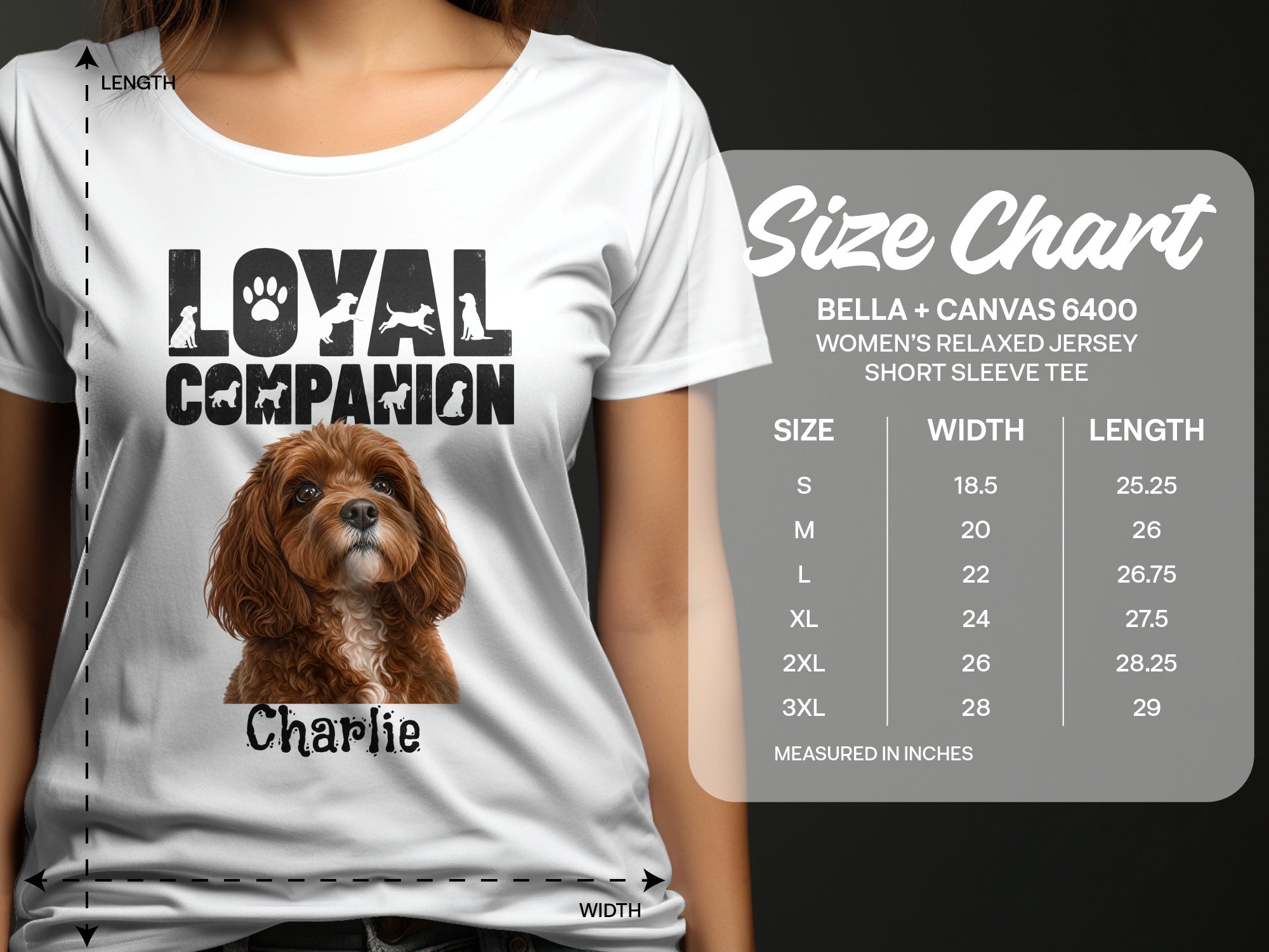 White t-shirt with "Loyal Companion" graphic and dog image. Includes a size chart overlay.