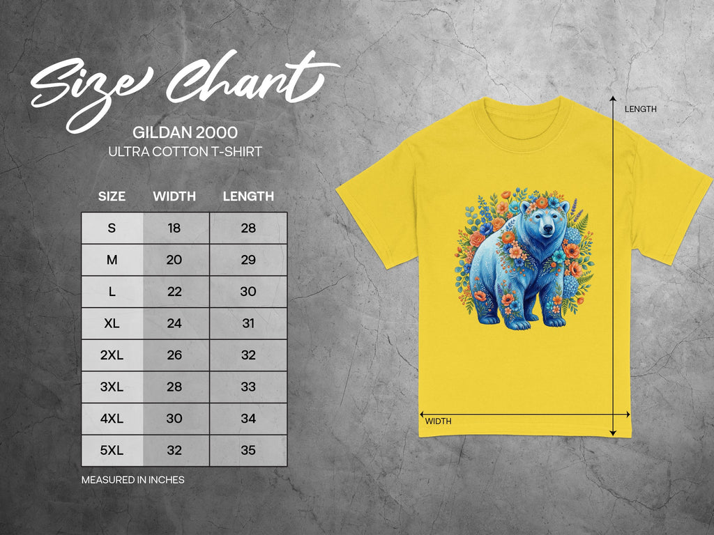 Gildan 2000 Ultra Cotton T-shirt size chart with floral bear graphic.