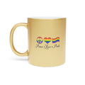 Gold mug with peace sign, rainbow heart, and pride flag, reading "Peace, Love, Pride".
