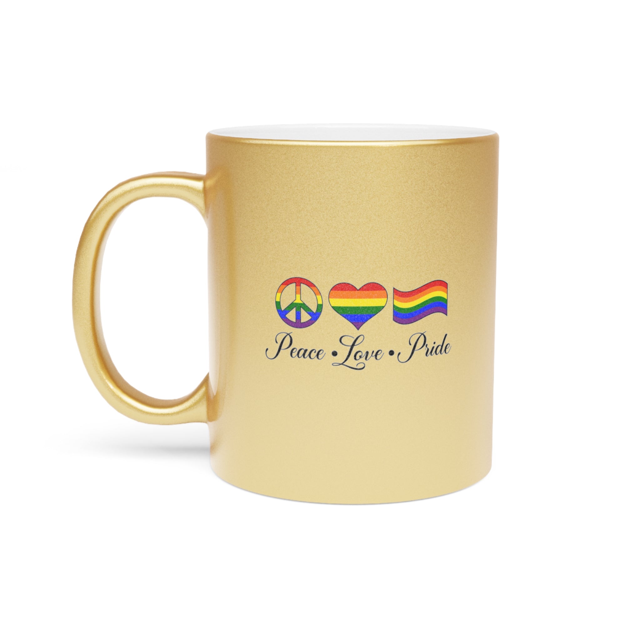 Gold mug with peace sign, rainbow heart, and pride flag, reading "Peace, Love, Pride".