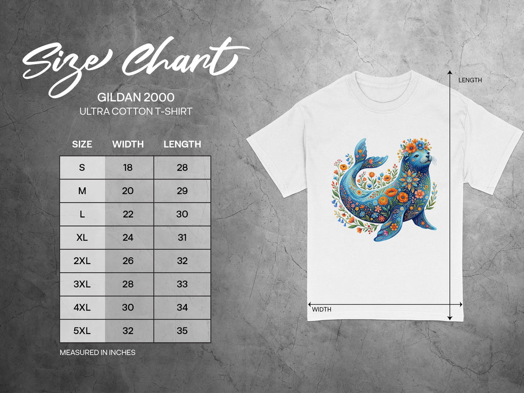 Gildan 2000 t-shirt size chart with whale graphic, measured in inches.